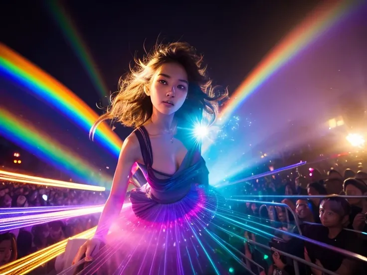 A mysterious beautiful girl emerges from the rainbow lasers、Beautiful Style、The rising crowd、Iridescent rays、Dynamic Movement