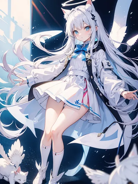 white silk tights，short skirt，boots，lining，coat，white long hair，a cat lady，loli，small headdress，white, light blue, light pink，st...