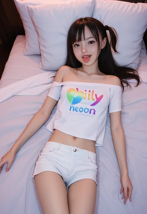 pastel colors t-shirt,off-shoulder look,bare shoulder,ollarbone,midriff peek,short shorts,,(open mouth:1.5),(tongue out:2),lying,hand between legs,overhead shot,front view,face focus,(1girl,Beautiful 14 year old girl,teenager),((Slender,Small breasts,Small...