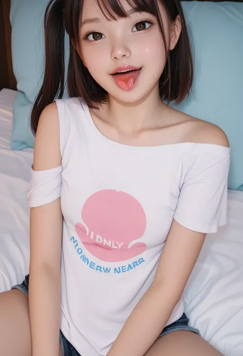 pastel colors t-shirt,off-shoulder look,bare shoulder,ollarbone,midriff peek,short shorts,,(open mouth:1.5),(tongue out:2),lying,hand between legs,overhead shot,front view,face focus,(1girl,Beautiful 14 year old girl,teenager),((Slender,Small breasts,Small...