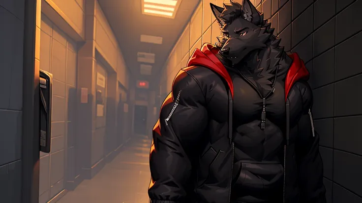 black wolf , alone, looking at the audience, shirt, 1 boy, jacket, male focus, open clothes, hood, black shirt, hoodie, muscular...