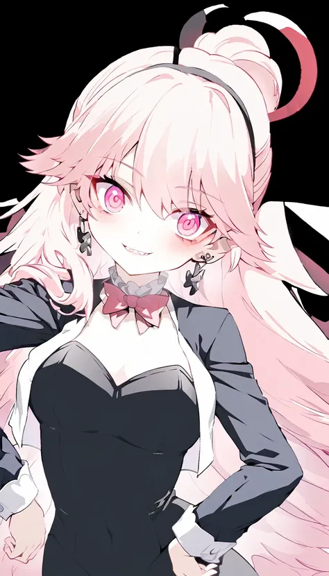 an anime style female character with black clothing and large eyes posed and posing, solo, animal ears, hands on hips, long hair, rabbit ears, 1girl, pink hair, fake animal ears, earrings, cropped jacket, jewelry, very long hair, pink eyes, bow, playboy bu...