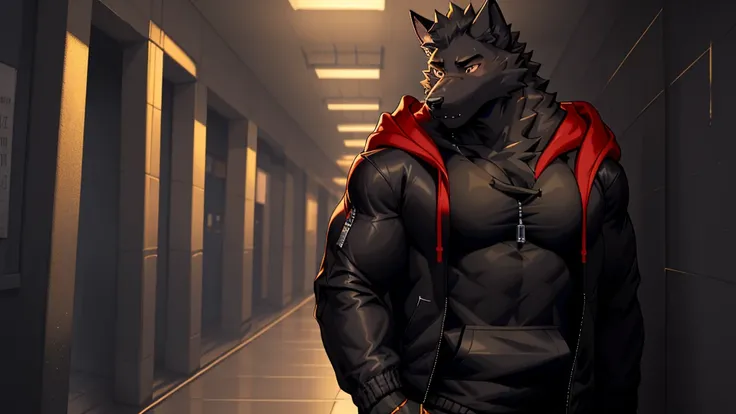 black wolf , alone, looking at the audience, shirt, 1 boy, jacket, male focus, open clothes, hood, black shirt, hoodie, muscular...