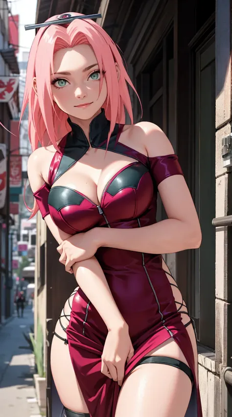 tmasterpiece， Best quality at best， 1girll， Sakura Haruno， Large breasts，Off-the-shoulder attire，upperbody closeup)，Raised sexy，is shy，ssmile，with pink hair， Green eyeballs:1.4)， Forehead protection， pulled down zipper, (prostitute clothes:1.5), alley, pro...