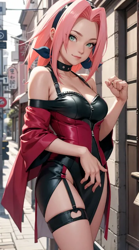 tmasterpiece， Best quality at best， 1girll， Sakura Haruno， Large breasts，Off-the-shoulder attire，upperbody closeup)，Raised sexy，is shy，ssmile，with pink hair， Green eyeballs:1.4)， Forehead protection， pulled down zipper, (prostitute clothes:1.5), alley, pro...