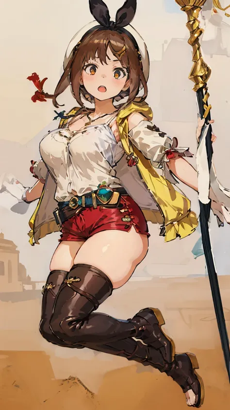 (Highest quality, 8K, masterpiece :1.3),Lizaリン・シュタウト(Lizaのアトリエ),Liza, One woman,Large Breasts,short hair,Brown Hair,hair band,Clothing,hat,White shirt,White camisole,Red shorts,Brown long boots,Full Nelson,Leg spread,nsfw,Plump body,Thighs