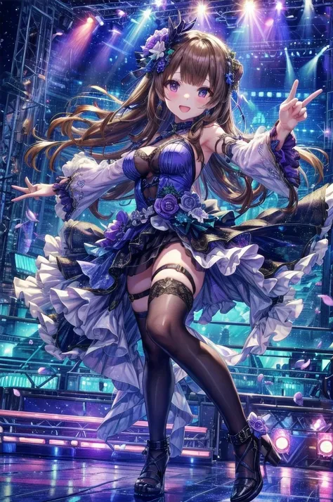 Highest quality、Complete limbs、Full Finger、Slender beauty、Straight Hair、Brown Hair、Deresute、green, White and purple idol costume、Knee-high socks、Beautiful big breasts、Live Stage、sing、Dancing、Big smile