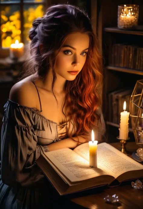 1 girl, extremely beautiful, alone, Upper body In the background are elements such as crystals, Candles and a book of shadows to see