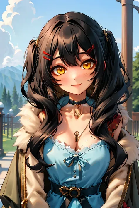 (masterpiece:1.2), (high quality:1.2), hui xiyi, rekkyo sensen, rekkyou sensen, girls with((1girl, solo, black hair, yellow eyes, (wavy long hair, one side up, hairclips:1.3), bare shoulder, blush, breasts, choker, cleavage, coat, cowboy shot, blue lace dr...