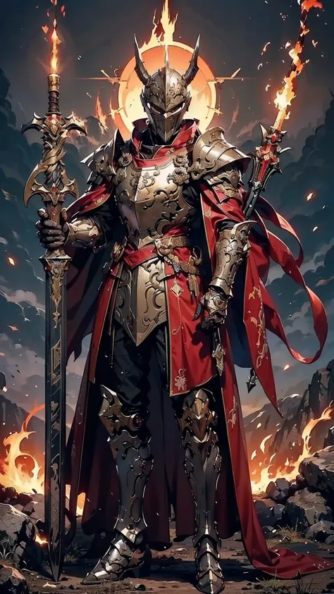 8K quality,(super masterpiece:1.3),Highest quality,Detailed Images,1 person,knight,pocket(Two cow horns,Red Tosaka),Gold and blue full armor,(Wear a red cloak,Red Cape),(He holds a flaming sword in his right hand.),(background:Burning image,sunset,幻想的なsuns...