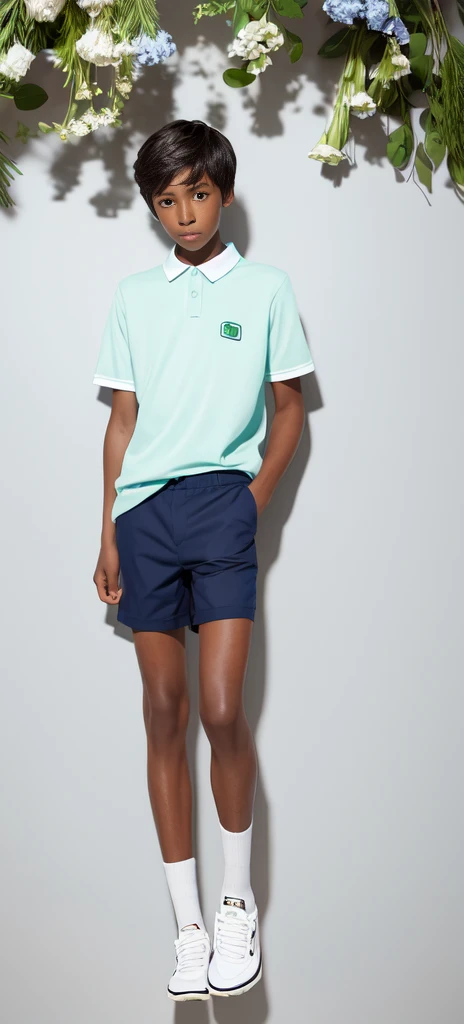 14 year old boy，（wearing white tennis clothes，wearing green socks），dark skin，big round eyes，very short hair，tall and skinny，toot...