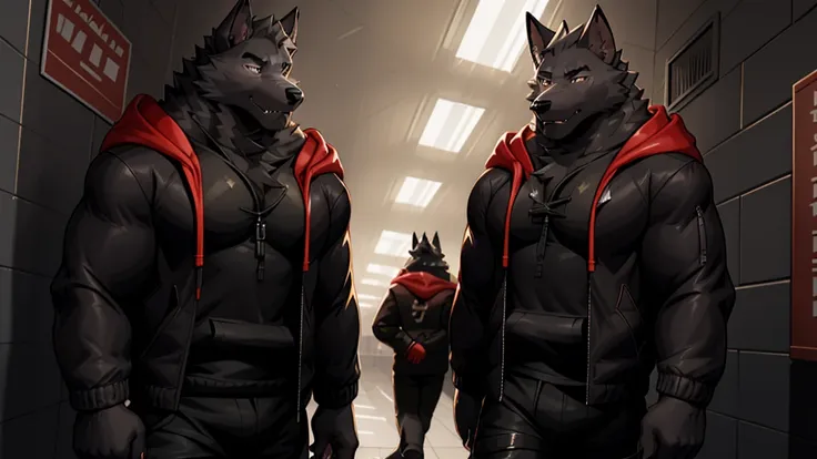 black wolf , alone, looking at the audience, shirt, 1 boy, jacket, male focus, open clothes, hood, black shirt, hoodie, muscular...