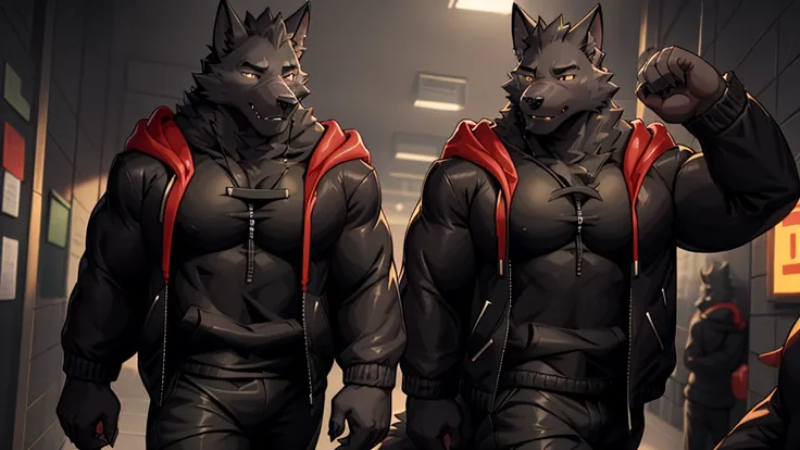 black wolf , alone, looking at the audience, shirt, 1 boy, jacket, male focus, open clothes, hood, black shirt, hoodie, muscular...