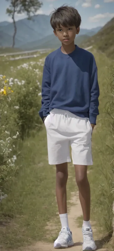 14 year old boy，（Wearing white tennis clothes，Wearing green socks），Dark skin，Big round eyes，Very short hair，Tall and skinny，Toothy Smile，Sharpen details，Knee muscle lines，Blue Background，Hold a bouquet of flowers in your hand