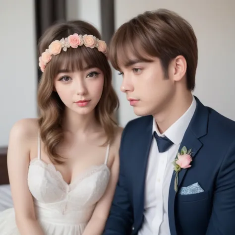 a pornographic photograph of a horny 28-year-old girl with cheerful , bangs and cute hair accessories sitting on a man&#39;s sto...