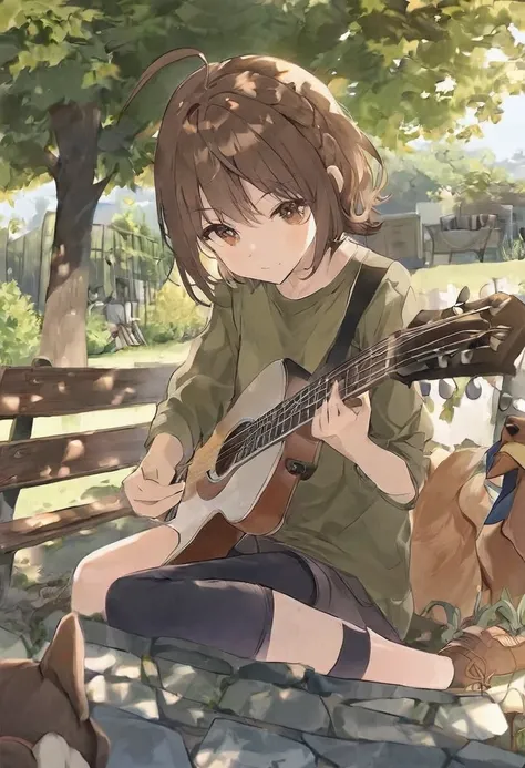 Woman.Brown hair and hazel eyes.She wears an olive shirt.and shorts.
She plays the guitar in the garden.She is sitting on a bench with a brown dog next to her.