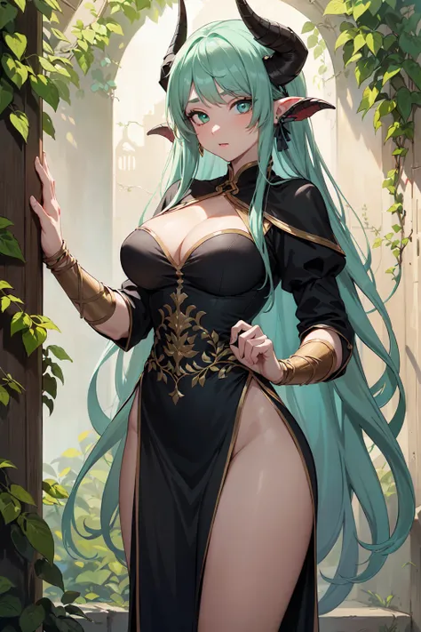 (Best Quality,Unparalleled Masterpiece:1.4),Ultra-Detailed CG 4K,(Ultra-Detailed Clear Absurdly-Vivid Mint Big Eyes:1.2),yellow medieval summer girl, concept, vines on the hand and horns from vines, full length