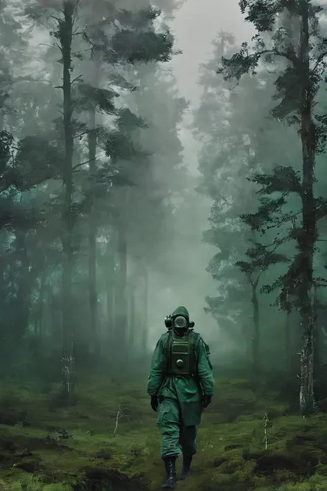 soldier wearing a (dark green) gas mask and a hood standing in the distance, ((foggy)), forest, dark, mysterious, landscape, apocalyptic, night, moon