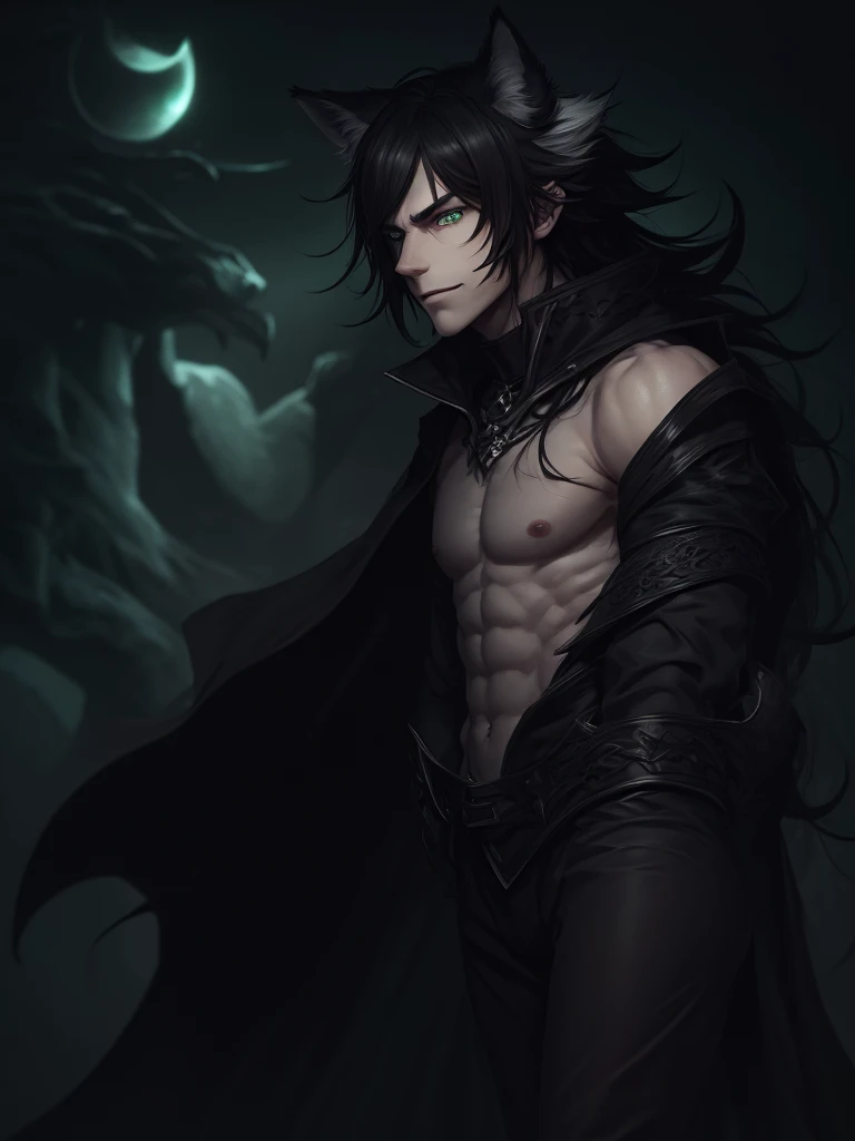 (best quality), 1boy, male, pale skin, black hair, medium hair, curtain hair, tousled hair, green eyes, perfect eyes, dark circles under eyes, (wolf ears), (wolf tail), collar, wolfboy, handsome, strong jawline, lazy, light smile, attractive, masterpiece, ...