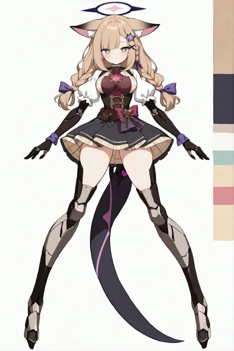 woman 170 cm tall. medium chest, wide hip, slim build, ((whole body)). (((character design sheet: front view))). (dark blonde hair, (hip-length wavy hair with asymmetrical bangs, star hairpin), (She has a short braid tied with an elegant purple ribbon on t...