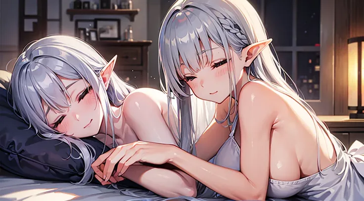 Elf Wife、Silver Hair、Naked Apron、living、Sleeping on a soft sofa、A pleasant face