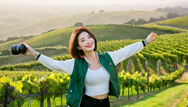 beautiful scenery, 8K Top Quality, Vivid picture quality, 1 woman, Beautiful 36-year-old Korean woman, Chest size 34 inches, Model-level beautiful woman, Napa Valley, California, USA, dawn vineyard, In the distance, a green plain can be seen in the thick f...