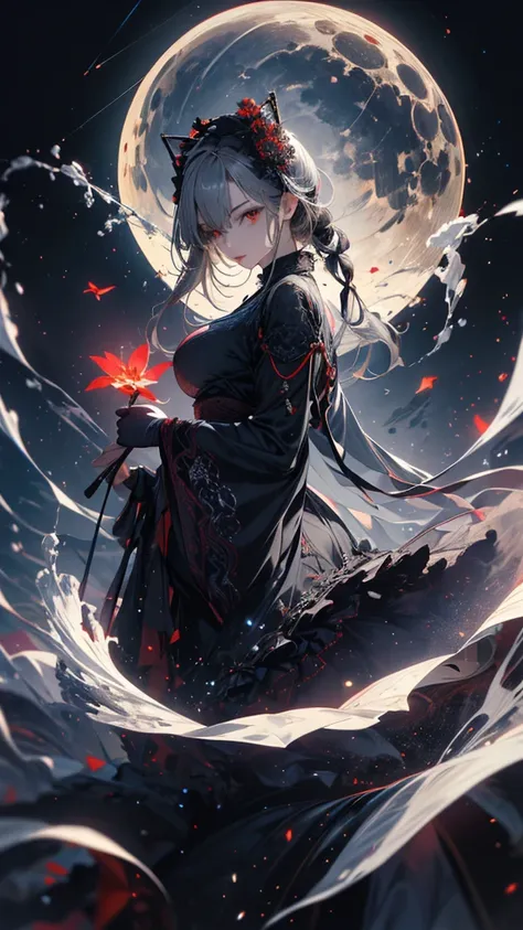 masterpiece, high quality, 4K, Beautiful design, silhouette，Gray Hair， 非常に詳細な夜のStarry Sky,Flower Field， wonderful, Finer details,  Very knowledgeable woman, Highly detailed solo, 1 female,Red eyes，Big Breasts，Gothic Lolita Fashion，Night view，Starry Sky，ful...