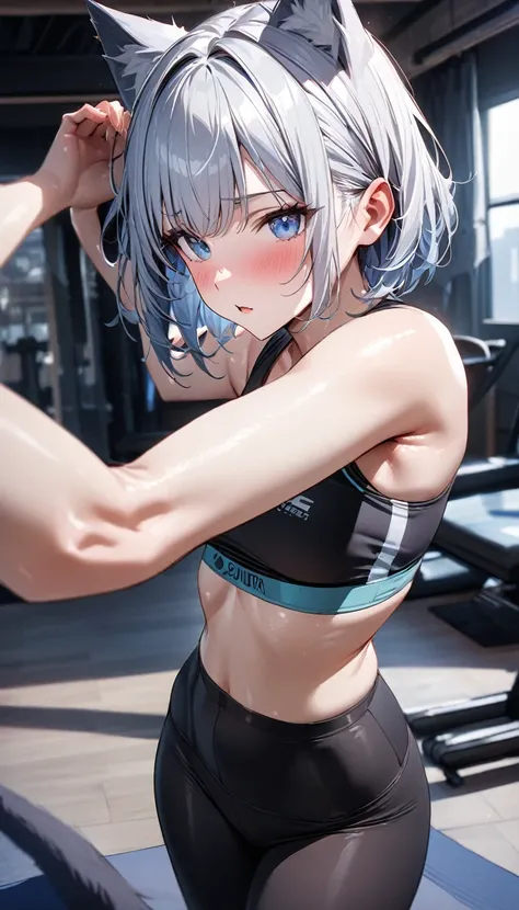 (((best quality)), ((masterpiece)), (details), masterpiece, best quality, high quality, ulutra detailed, perfect face, ((1girl, blue eyes, cat ears: 1.3 silver bob hair: 2.5,)) 、Shiny Hair、Glowing Skin、blush、Lustful look、Sports Bra、Yoga Leggings、Yoga poses...