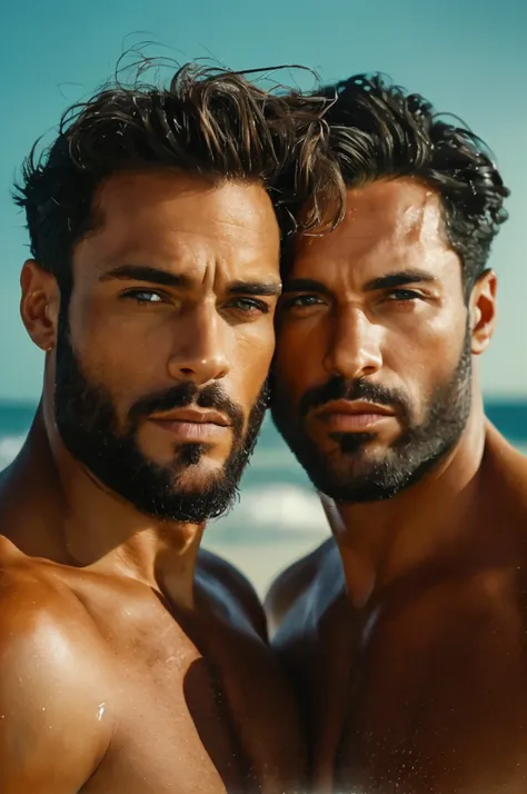 wide shot, realistic photo of handsome men ,beach