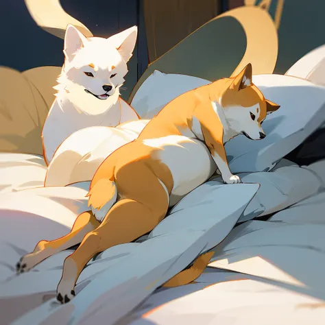 araffe sitting on a bed with a white sheet and white sheets, shibu inu, shiba inu, shiba inu dog, anthropomorphic shiba inu, doge, japanese dog, sitting on a bed, sitting on the bed, inspired by Shiba Kōkan, by Shiba Kōkan, shiba inu portrait
