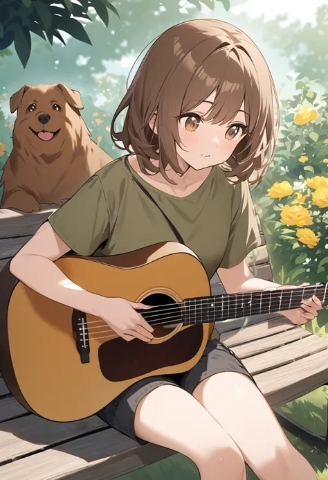 Woman.Brown hair and hazel eyes.She wears an olive shirt.and shorts.
She plays the guitar in the garden.She is sitting on a bench with a brown dog next to her.