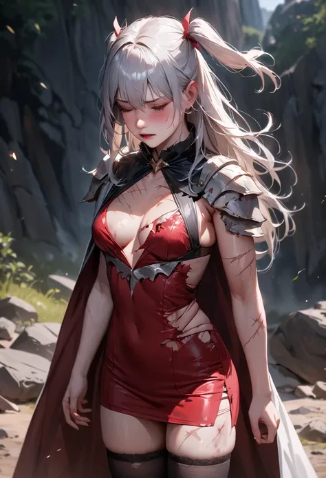 (best quality), (masterpiece), very aesthetic, absurdres, high res, all detailed, realistic, 1girl, (two side up), long hair, silver hair, (red pencil Dress, one side shoulders armor with Cape, pencil miniskirt), medium cleavage, [black thigh-highs], [whit...