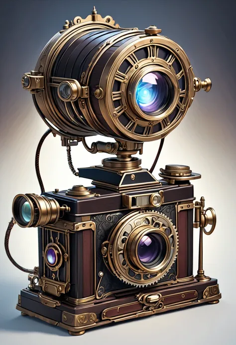 A magical artifact with a bright stone in the form of a 19th century camera. steampunk style 