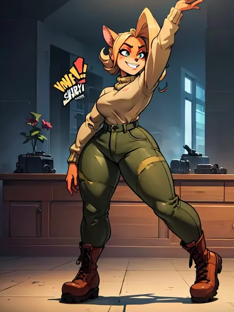 ,sancy anthro bandicoot girl Beautiful  eyes, long eyelashes,, grin, cozy and warm, sweaters, camouflage trousers, army boots, night, dancing  hip-hop, Twerking,  cool sexy moment,dramatic shadows, vibrant colors, gritty military aesthetic,