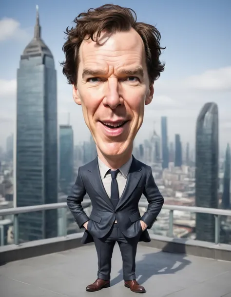 caricature full body portrait of happy  benedict cumberbatch at skyscraper rooftop