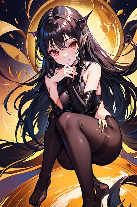 Highest quality　Highest quality　Draw a face carefully　High-definition anime-style face　Super Glowing Skin　Long black hair　Brown leotard　Golden pantyhose　Succubus　lure　smile　squat　Show the soles of your feet　Close up of the soles of the feet