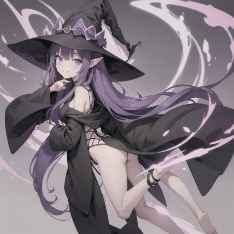 Anime girl. Long purple hair and wearing a black robe. Pointy ears. Witch hat. Cute cartoon. Illustration, alone. Looking back. Full body. About high school age. Smiling.