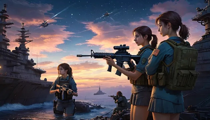 submarine　Night Sky　　Two Girls, M4 carbine，Possession of a gun