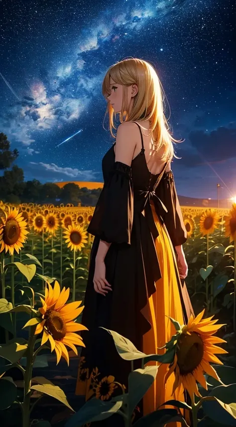 １people々々々々々々々々々々々々,Blonde long-haired woman，camisole， Dress Silhouette， Rear View，Space Sky,　Sunflower flowers，Sunflower field，