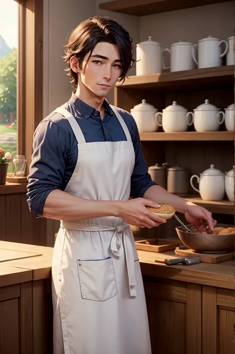 clearing! Here is the translation of the text I wrote above:

"A Stardew Valley-style baker. The chef is in a cozy bakery, wearing a white apron and a chef&#39;s hat. The bakery is full of colorful cakes, sweets and breads displayed on wooden shelves and a...