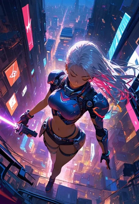 woman，Comic Style，Robotic Arm，Ray Tracing，CG，Neon,goggles,gun(In the future city at night，A girl with cybernetic implants)Silver-haired, red-skinned female warrior holds the hilt of her sword and looks down from above,(Neon, holographic, Flying Cars),(best...