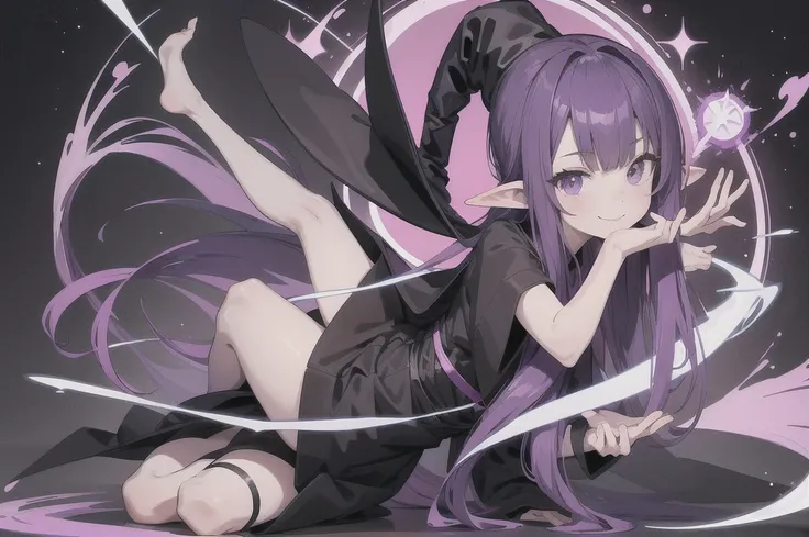 Anime girl. Long purple hair and wearing a black robe. Pointy ears. Witch hat. Cute cartoon. Illustration, alone. Looking back. Full body. About high school age. Smiling.