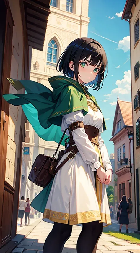 1girl, medieval dress, traveler, green eyes, short black hair, medieval city background