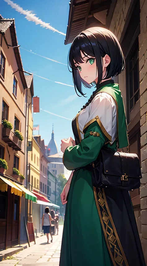 1girl, medieval dress, traveler, green eyes, short black hair, medieval city background