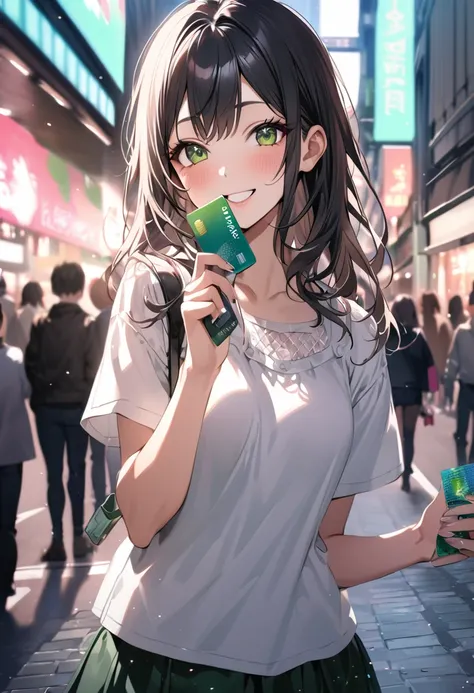 A hyper-realistic quality photo of a Japanese female college student with a K-pop idol style. She is wearing a white blouse and holding a plain green credit card in her right hand. The background is the streets of Ginza. She is smiling.