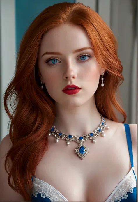 1 beautiful woman, 20 years old, bright red hair, pale white skin (realisic skin details, realisic skin), shining blue eyes (very detailed and vivid eyes), Red lips, make up, necklase, aretes, choker, Accessories, perfectbody , perfectly round butt, linger...