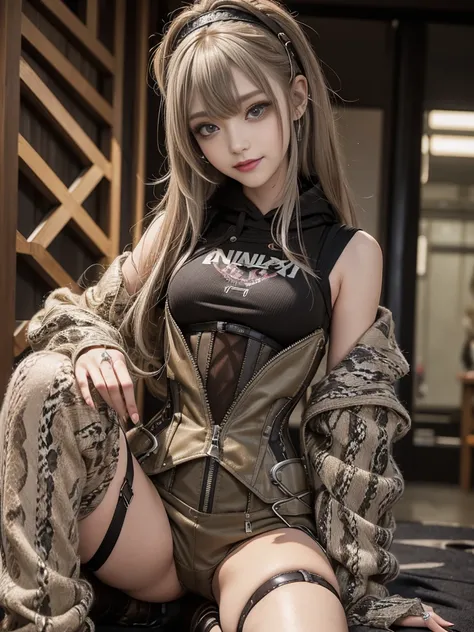 (Smiling with teeth showing:1.3),(Shibuya Gal:1.5)、(Beautiful:1.5)、(Neo-goth fashion:1.5)、(Punk RockVisual Kei:1.5)、(An off-the-shoulder hoodie in khaki and brown with delicate silver accessories.:1.5)、(A corset with a delicate beige and brown design:1.4)、...