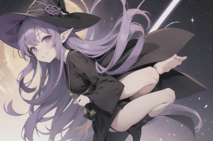 Anime girl. Long purple hair and wearing a black robe. Pointy ears. Witch hat. Cute cartoon. Illustration, alone. Looking back. Full body. About high school age. Smiling.