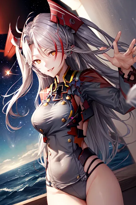 ((Prinz Eugen:1.5)),((独奏, 1girl)) ((masterpiece,Highest quality,Highly detailed images,Beautiful images、Realistic、Dutch Angle)),（Top-down angle image）、 (Bright lighting overall、Backlight、A fantastic atmosphere、Thick Fog、Dust flutters),(Sexy pose、、large bre...