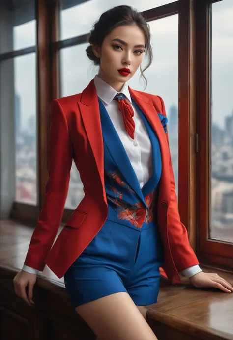 (whole body，There are legs and feet )(Better quality, 4K, 8K, high resolution, artwork: 1.2), (Super detailed, Realist, FotorRealist:1.37)A charming young woman, Wearing a striking red and blue suit, Standing in front of the window，A tough and determined l...